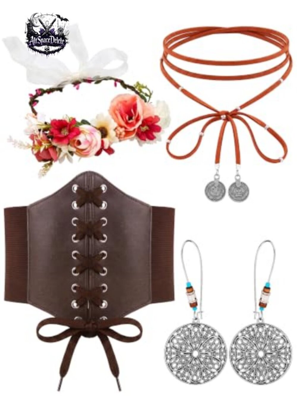 4 Pc Renaissance Accessory Set PU Corset Crown Necklace Earrings Costume